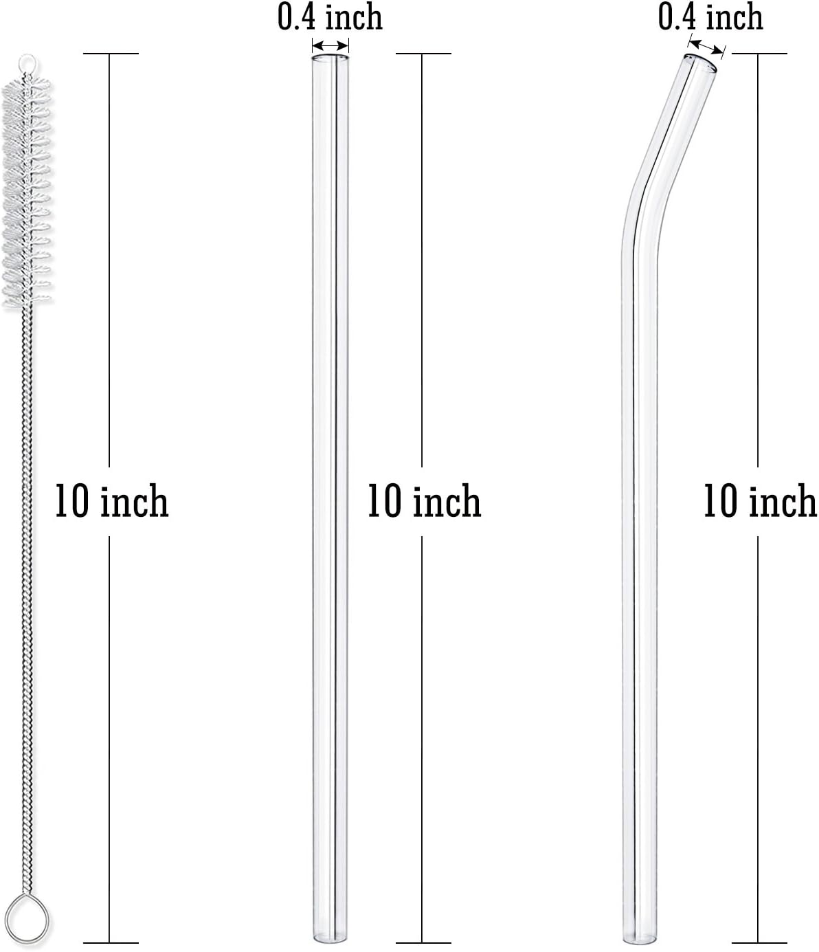 10-Piece Reusable Glass Drinking Straws - 10" x 10 mm - Smoothie Straws for Milkshakes, Frozen Drinks, Smoothies, Bubble Tea - Environmentally Friendly
