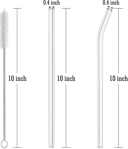 10-Piece Reusable Glass Drinking Straws - 10" x 10 mm - Smoothie Straws for Milkshakes, Frozen Drinks, Smoothies, Bubble Tea - Environmentally Friendly