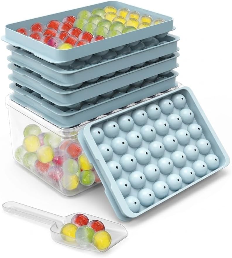 Ice Cube Trays with Lid and Bin, BPA-Free Mini 0.8 Inch Sphere Ice Molds, 2-Pack Small Round Ice Ball Trays, Easy Release, Includes Scoop & Ice Storage Box for Cocktails, Coffee