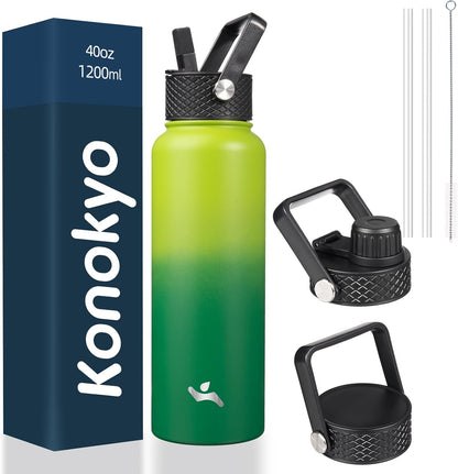 Konokyo 22oz Stainless Steel Bottles with 3 Lids Sport Insulated Water Bottle,Mint