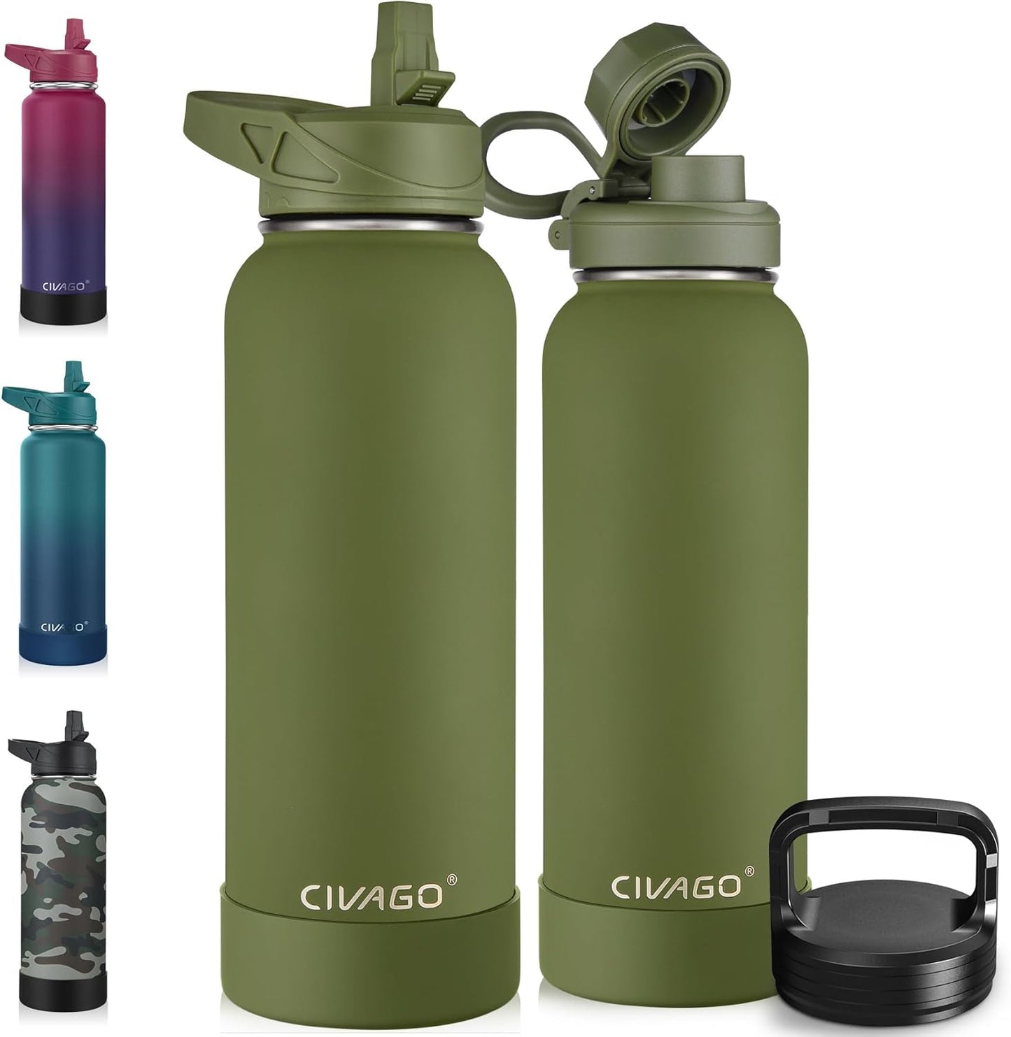 CIVAGO 32 oz Insulated Water Bottle With Straw, Stainless Steel Sports Water Cup Flask with 3 Lids (Straw, Spout and Handle Lid), Wide Mouth Travel Thermal Mug, Black