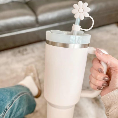 Flower Straw Covers Toppers for Stanley Cups 30&40 Oz Tumbler with Handle Accessories 4PCS Silicone Straw Caps Reusable Straws Tips Protectors for Stanley Cup 10mm 0.4in Straws,Off White