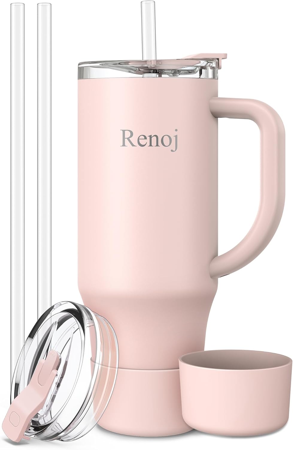 Renoj Insulated Mug 100% Leak Proof Insulated Water Bottle for Iced Coffee & Hot Drinks - Fits Car Cup Holder, Ideal Gift, 2 Straws & Silicone Boot - SnapShift Pink 32 oz