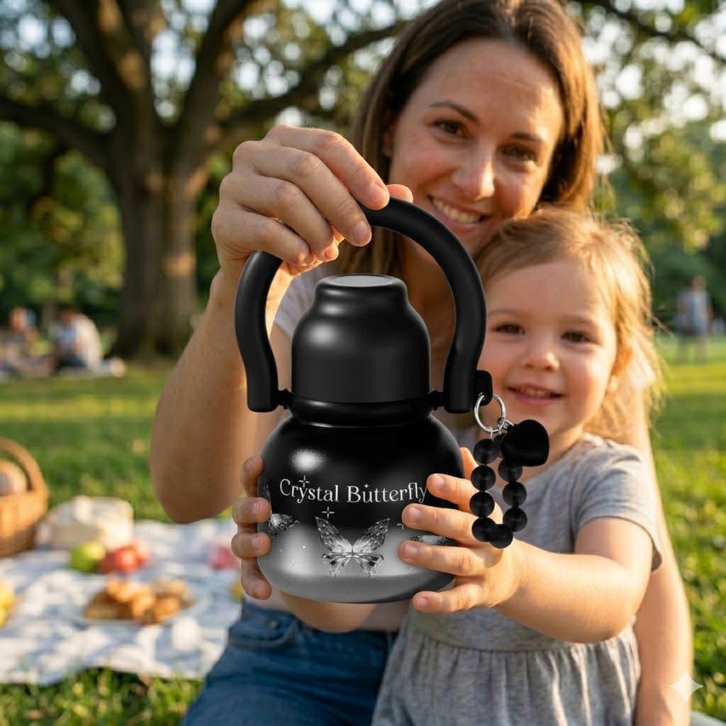 22 oz Water Bottle with Straw and Bowl, Unique Insulated Stainless Steel Tumbler, Spill-proof Reusable BPA-Free Cup, Pilates Wellness Study Travel, with Bonus Strap - Chocolate Black