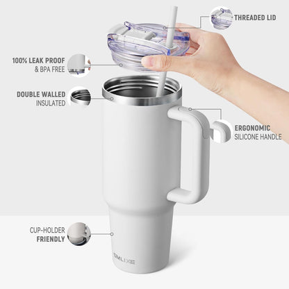 40 oz Tumbler with Handle and Straw Lid,Insulated Reusable Stainless Steel Water Bottle Travel Mug，Cupholder Friendly Double Wall Vacuum Sealed Cup (Black)