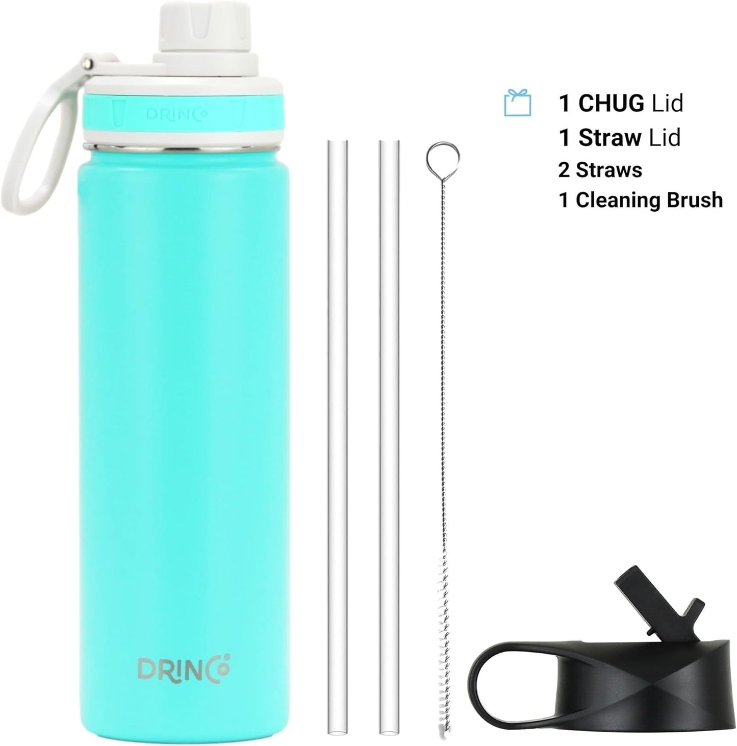 Drinco Stainless Steel Water Bottle Spout Lid Vacuum Insulated Double Wall Water Bottle Wide Mouth (40oz 32oz 22oz 18oz 14oz) Leak Proof Keep Cold Sport Camping Hiking (22 oz, 22oz Black)