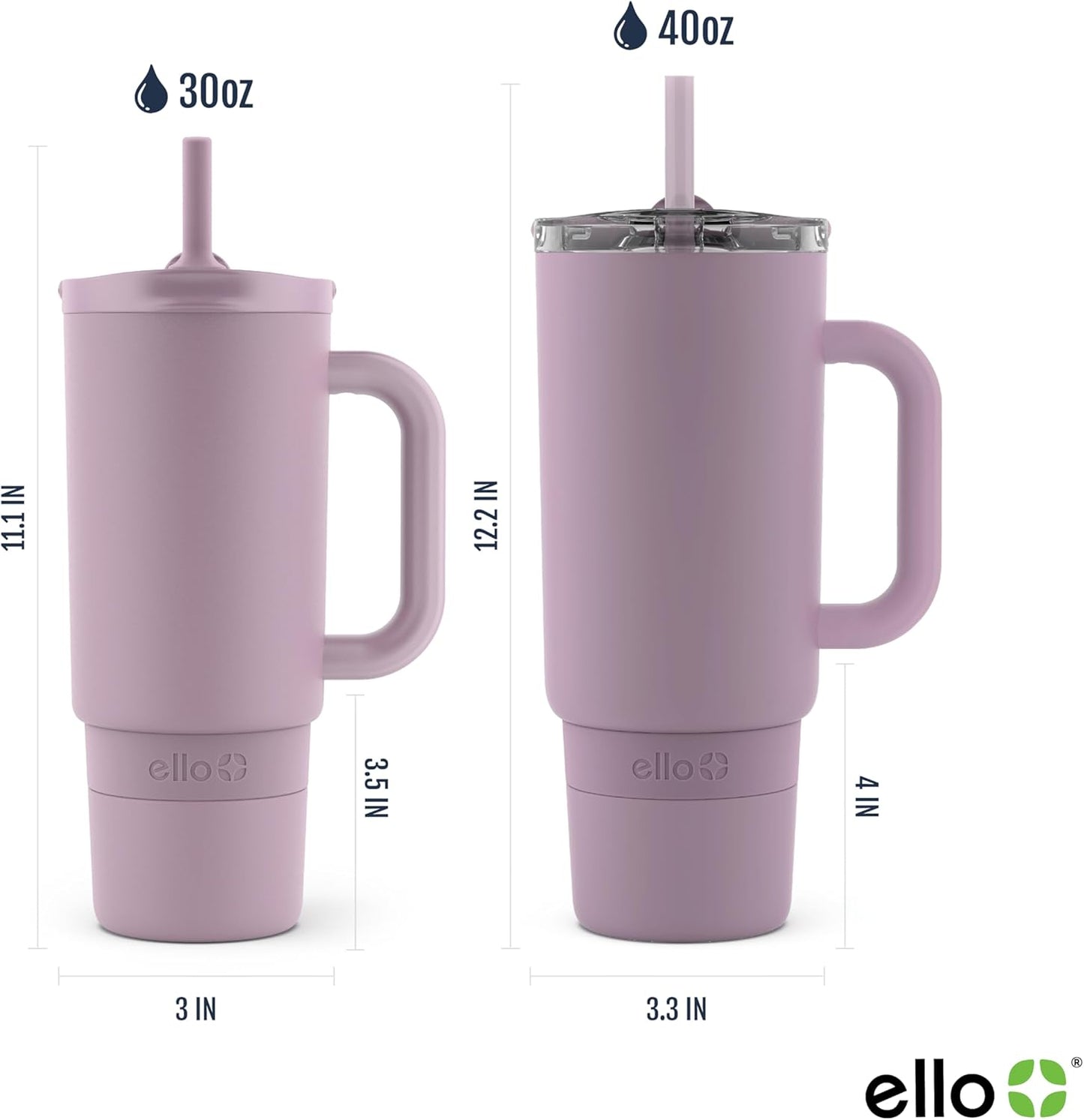 Ello Port 40oz Tumbler with Carry Loop & Integrated Handle, Vacuum Insulated Stainless Steel Reusable Water Bottle, Travel Mug with Leak Proof Lid & Straw, Perfect for Iced Coffee & Tea, White