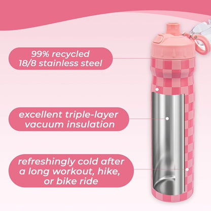 Magnetic Water Bottle with Straw 25 oz - Stainless Steel Insulated Tumbler for Gym & Bike (Fits Holders) - Leak Proof Pop-Up Lid, 2-in-1 Sip or Chug, Handle & Cute Pink Checkered Print