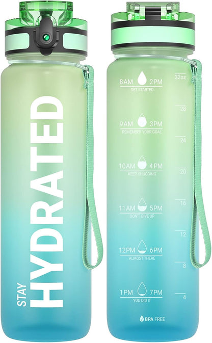 Sahara Sailor Water Bottle 32oz, Durable and Leakproof Water Bottles Motivational with Time Marker, Tritan, BPA Free, Wide Mouth with Easy Clean Brush for Gym, Travel, Home, School, Office (1 Bottle)