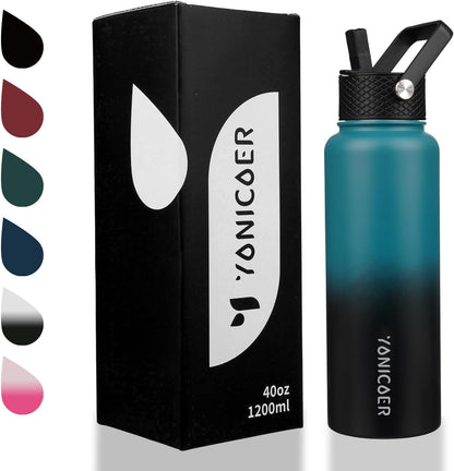 Insulated Water Bottle 40oz,Triple Wall Vacuum Stainless Steel(Dishwasher Safe),Leak Proof & Non-BPA,Flask Jug with Paracord Handle & Straw Spout Lids Sports Cherry Blossom