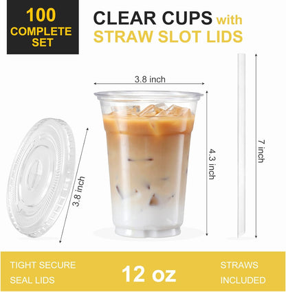 VITEVER [100 Sets - 16oz] Clear Plastic Cups with Lids and Straws, Disposable Iced Coffee Cups for Smoothie, Milkshake, Cold Drinks - BPA free