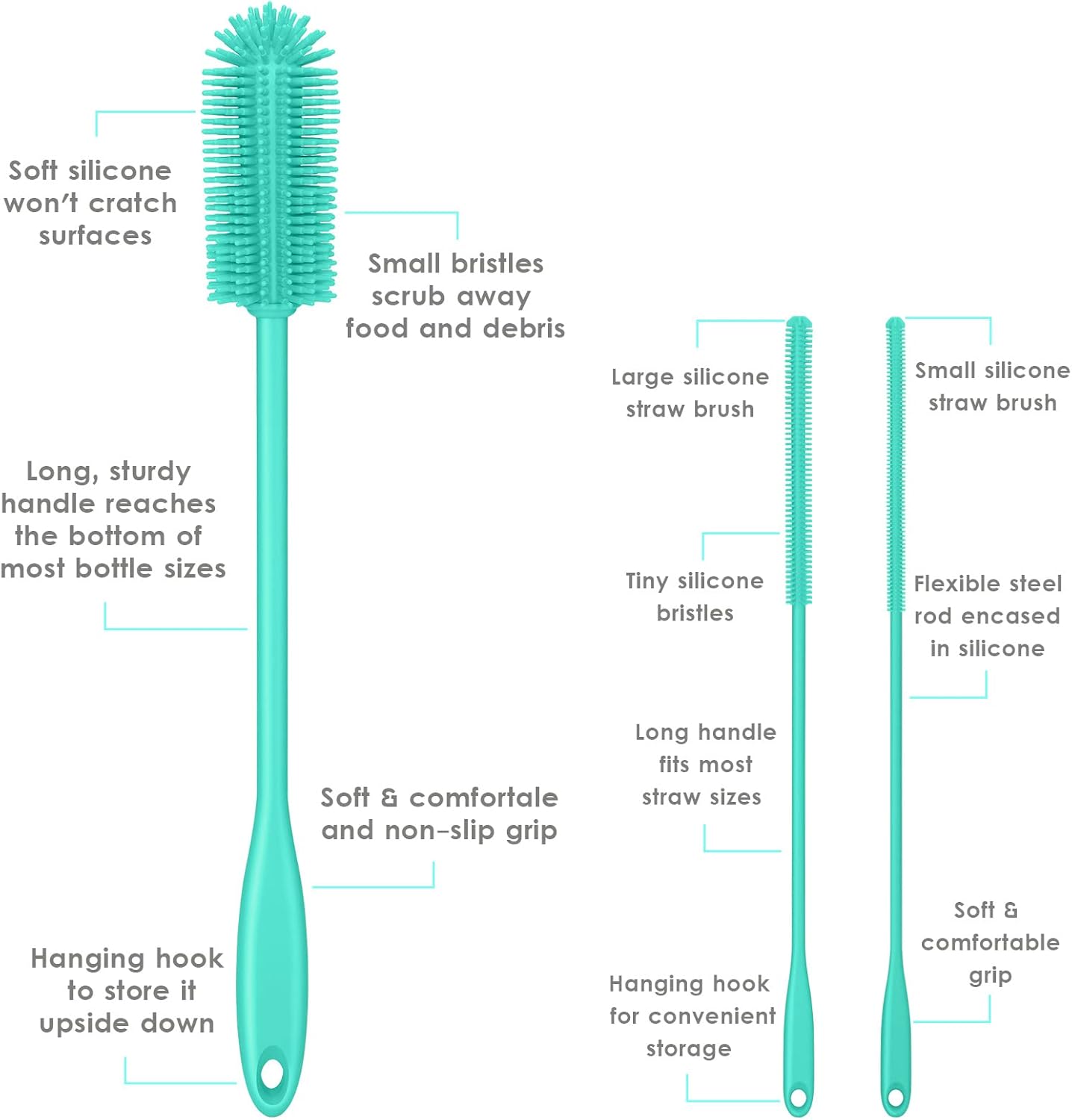 3-in-1 Silicone Bottle Brush and Straw Cleaning Brush Set, Water Bottle Cleaner for Narrow Neck Containers, Tumblers, Flask, Vase and Glassware (Turquoise)