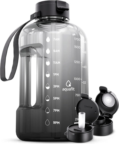 AQUAFIT 64 oz Water Bottle with Time Marker - Straw & Chug Lid - BPA Free Half Gallon Gym Water Bottle with Handle - Big Gallon Jug (Gray, 64 Ounces)