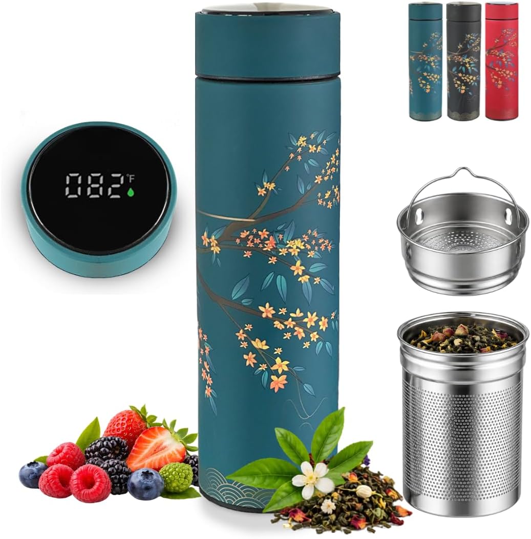 Farasi Tea Infuser for Loose Leaf Tea Smart Water Bottle with Temperature Display, Stainless Steel Insulated Coffee and Fruit Tea Infuser Bottle - Green Floral Travel Tea Mugs 15 oz