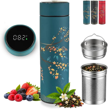 Farasi Tea Infuser for Loose Leaf Tea Smart Water Bottle with Temperature Display, Stainless Steel Insulated Coffee and Fruit Tea Infuser Bottle - Green Floral Travel Tea Mugs 15 oz