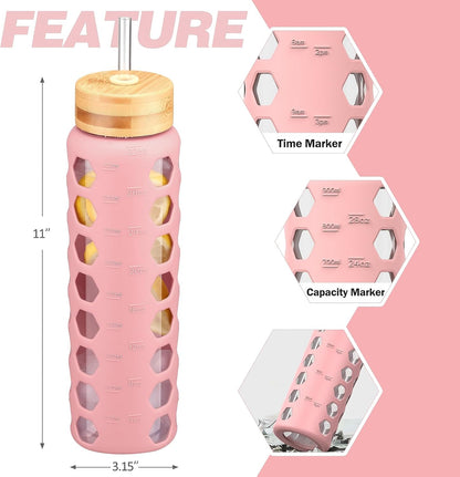 MUKOKO Glass Water Bottles, 32oz Glass Tumbler with Straw, Drinking Bottles with 2 Lids-Handle Spout Lid&Bamboo Straw Lid, Motivational Water Bottle with Time Marker and Silicone Sleeve, 1 Pack-Olive