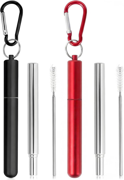 Collapsible Stainless Steel Drinking Straws with Aluminum Case, Cleaning Brush, and Keychains（Black+Silver）