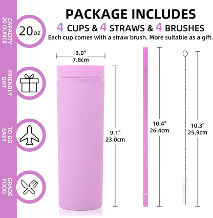 Volhoply 20oz Plastic Skinny Tumbler,Double Wall Tumblers with Lid and Straw,Reusable Travel Iced Coffee Mug,BPA Free Matte Acrylic Water Cups With Straw for Parties,DIY Gifts(Black,1 Set