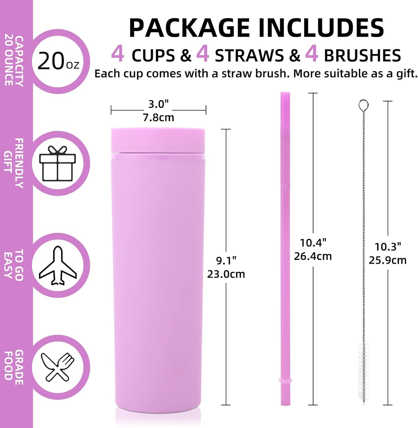 Volhoply 20oz Plastic Skinny Tumbler,Double Wall Tumblers with Lid and Straw,Reusable Travel Iced Coffee Mug,BPA Free Matte Acrylic Water Cups With Straw for Parties,DIY Gifts(Clear,1 Set)