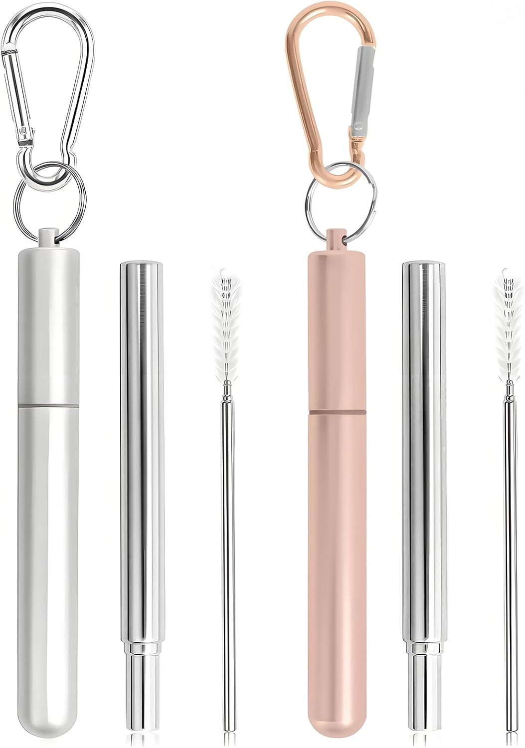 Collapsible Stainless Steel Drinking Straws with Aluminum Case, Cleaning Brush, and Keychains（Black+Silver）