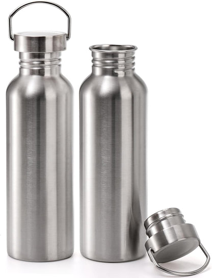 Yopay 2 Pack Stainless Steel Sports Water Bottles, 26OZ Single Walled 18/8 Stainless Steel Water Bottle with Handle, Uninsulate Metal Water Bottle for Cyclists, Runners, Hikers, Beach Goers, Picnics