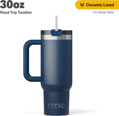 RTIC 30 oz Road Trip Tumbler Double-Walled Ceramic Lined InsulatedStainless Steel Portable Travel Coffee Mug Cup with Lid, Handle and Straw, Periwinkle Bouquet
