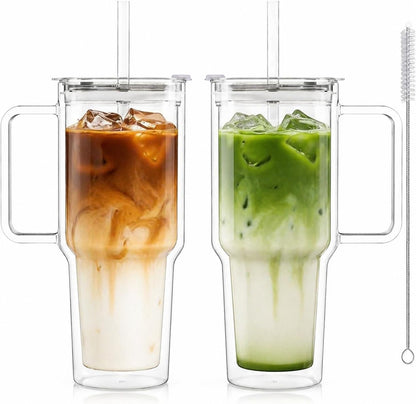 KEMORELA 2 Pack 28oz Double Wall Glass Tumblers with Handle, Lids & Straws – Large Insulated Clear Glass Coffee Cups for Iced Coffee, Matcha, Smoothies, Bubble Tea & Cold Drinks