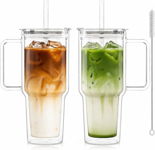 KEMORELA 2 Pack 28oz Double Wall Glass Tumblers with Handle, Lids & Straws – Large Insulated Clear Glass Coffee Cups for Iced Coffee, Matcha, Smoothies, Bubble Tea & Cold Drinks