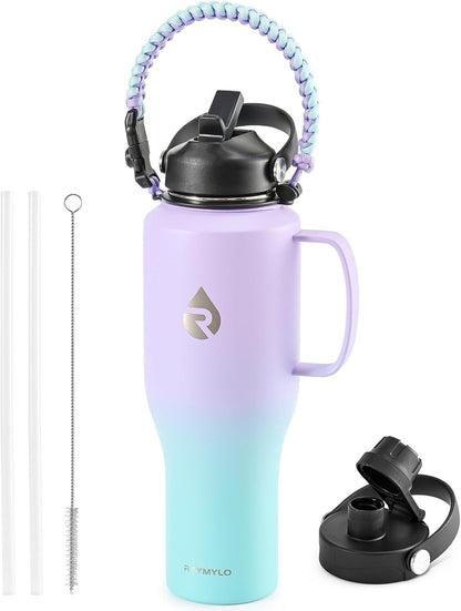 RAYMYLO 40 oz Insulated Water Bottle with Straw fit in Car Cup Holder, Triple Wall Vacuum Stainless Steel(Cold 48 hrs, Hot 24 hrs), Leakproof & Non-BPA, Hydro Travel Flask with Straw and Spout Lid