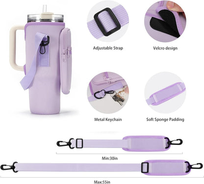 GOEWY Water Bottle Carrier Bag for Stanley 40/30 oz Tumbler with Phone Pocket Neoprene Water Bottle Holder with Shoulder & Handheld Strap Stanley Cup Accessories
