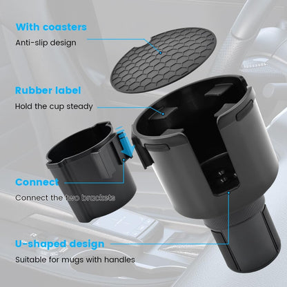 2-in-1 Car Cup Holder Expander, Adjustable Car Extender Adapter with Non-Slip Base - No Spill Cup Holder Extender with 4 Hooks for Yeti, Hydro Flask, Stanley Large Tumblers (10-48oz)
