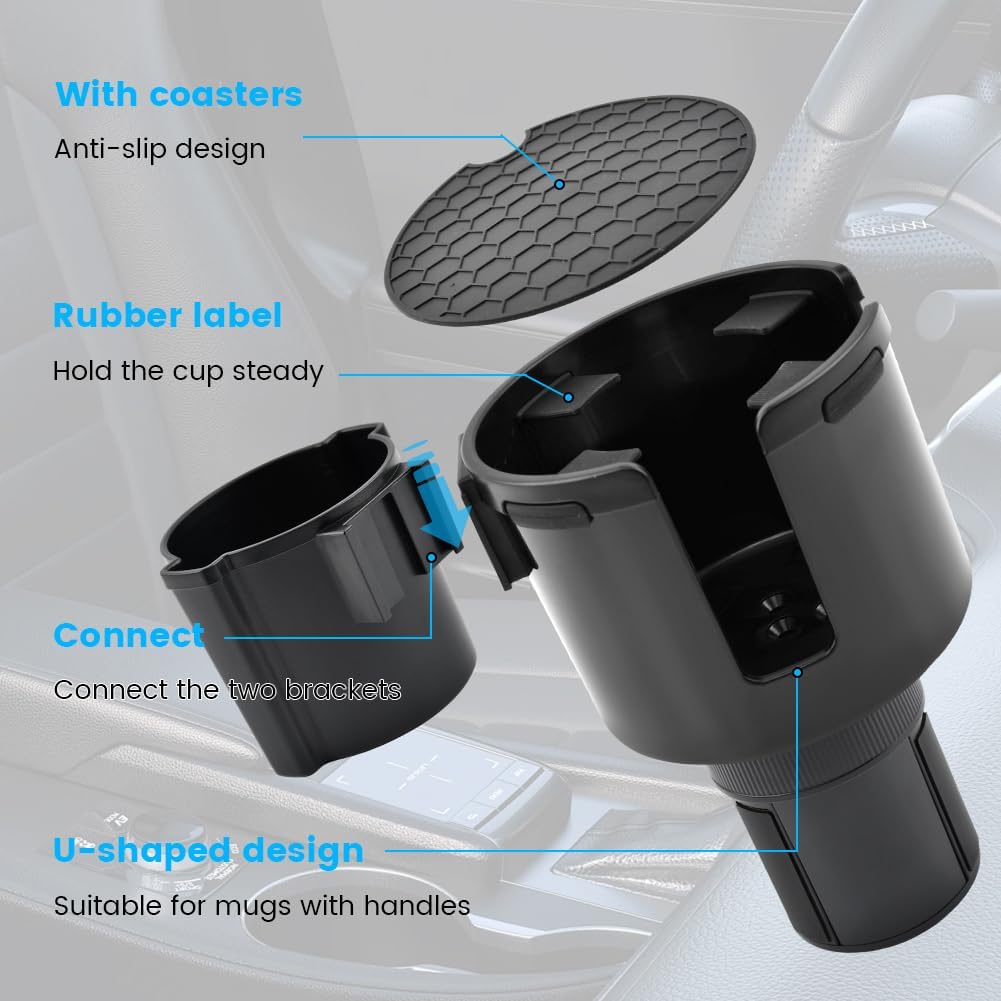 2-in-1 Car Cup Holder Expander, Adjustable Car Extender Adapter with Non-Slip Base - No Spill Cup Holder Extender with 4 Hooks for Yeti, Hydro Flask, Stanley Large Tumblers (10-48oz)