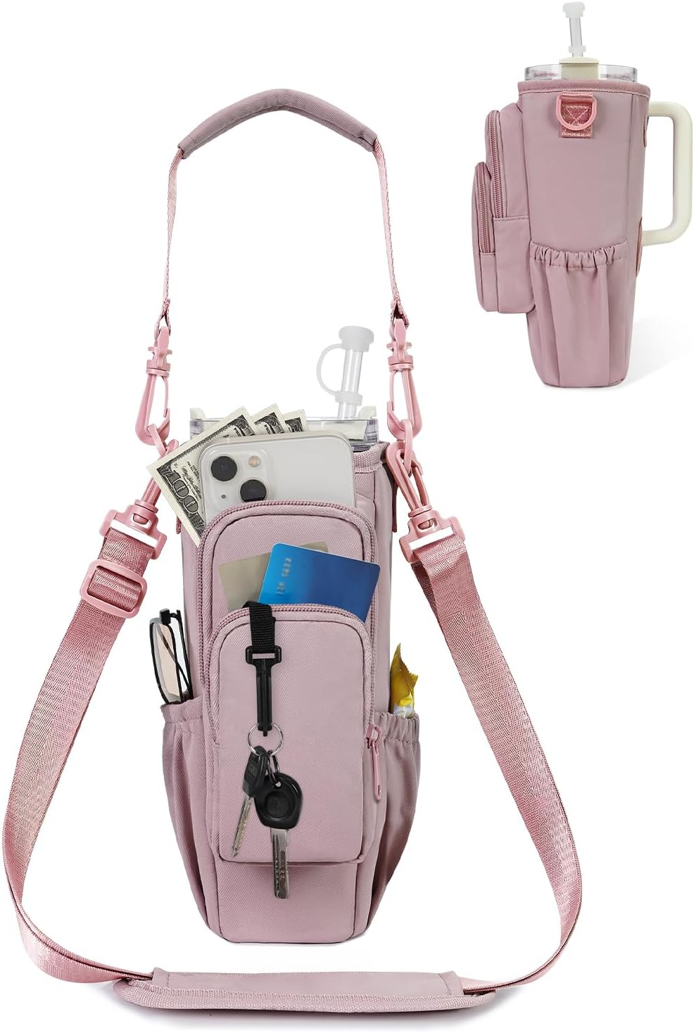 sportsnew Water Bottle Carrier Bag with Phone Pocket for 30oz 40oz Tumbler with Handle Accessories Insulated Water Bottle Holder Pouch with Strap Crossbody with Straw Cover