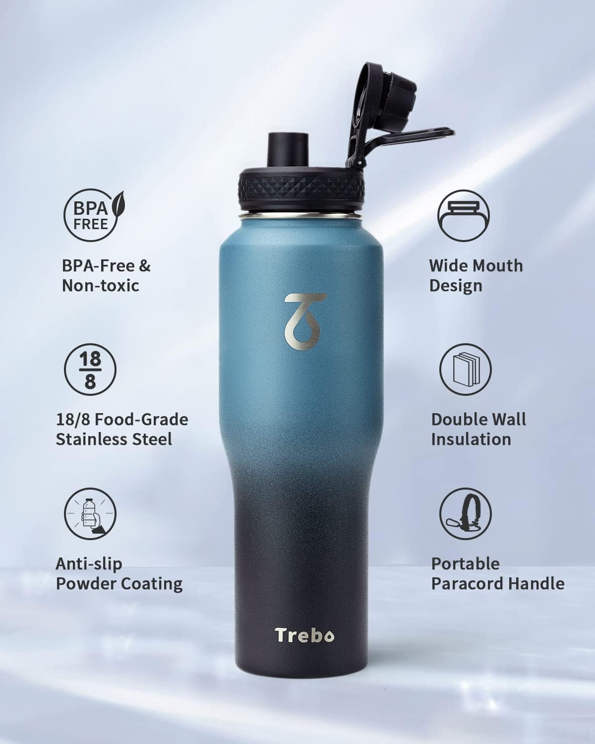 Trebo 40 oz Water Bottle Insulated Fit Car Cup Holder with Handle, Stainless Steel Water Bottles Tumbler with Spout Straw Lids, Double Wall Travel Reusable Flask, Leakproof Mug,Keep Cold &Hot,Black