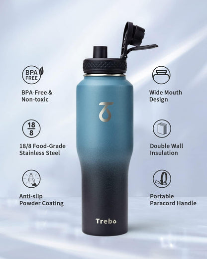 Trebo 40 oz Water Bottle Insulated Fit Car Cup Holder with Handle, Stainless Steel Water Bottles Tumbler with Spout Straw Lids, Double Wall Travel Reusable Flask, Leakproof Mug,Keep Cold &Hot,Black