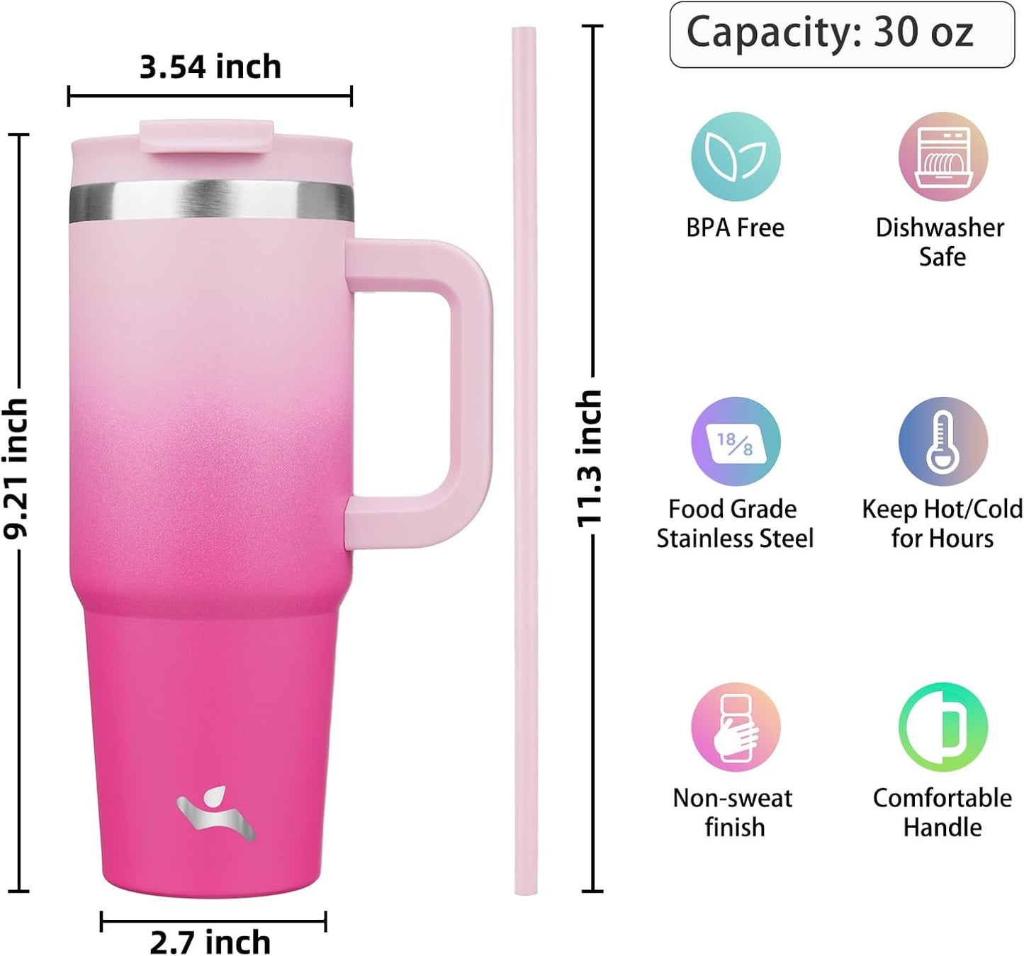 Konokyo 30 oz Tumbler with Handle and 2 Straws,2 in 1 Lid Insulated Water Bottle Stainless Steel Travel Coffee Mug,Sky