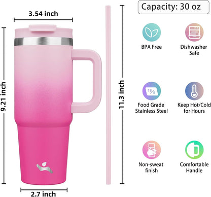 Konokyo 30 oz Tumbler with Handle and 2 Straws,2 in 1 Lid Insulated Water Bottle Stainless Steel Travel Coffee Mug,Sky