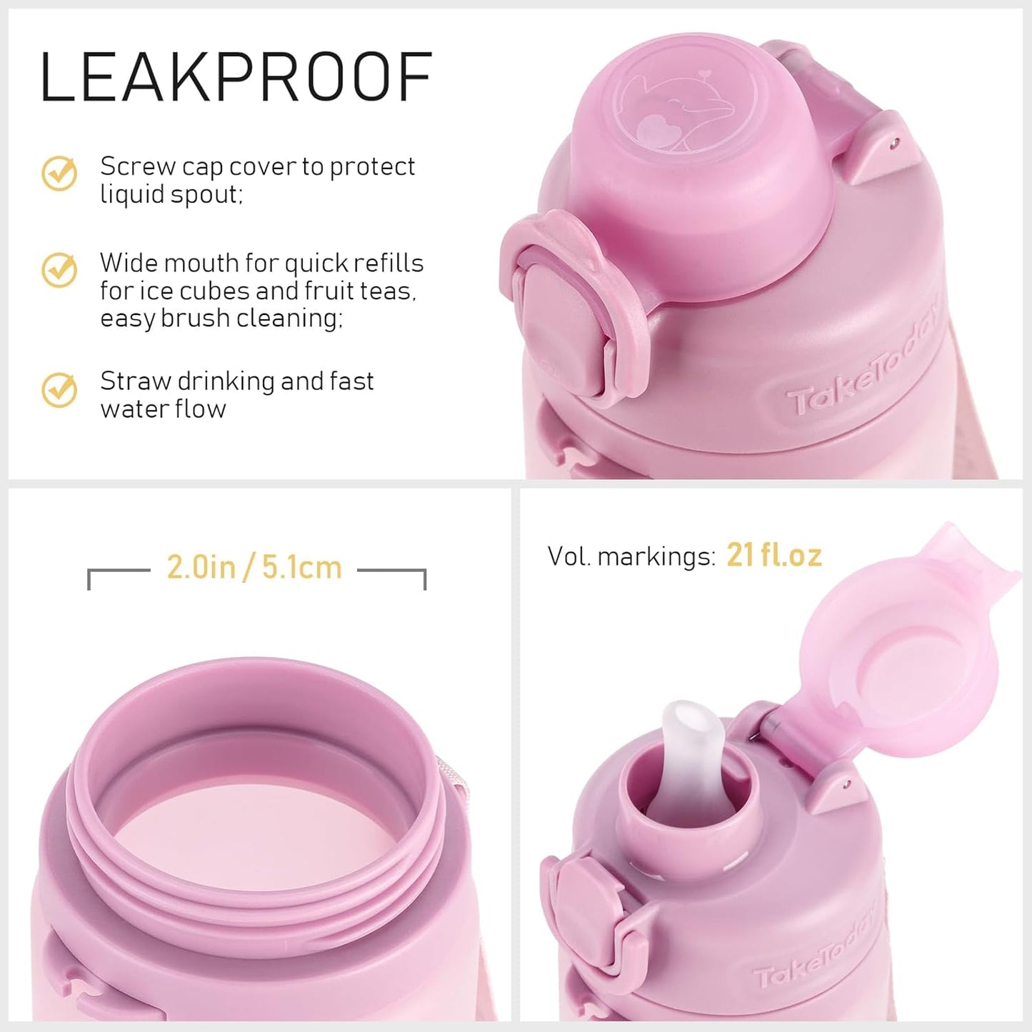 TakeToday Collapsible Water Bottles 21oz (600mL), Foldable Platinum Silicone Travel Water Bottle with Straw & Carry Strap, Leak-Resistant Screw Lid, Wide Mouth, BPA-Free for Hiking, Camping, Travel