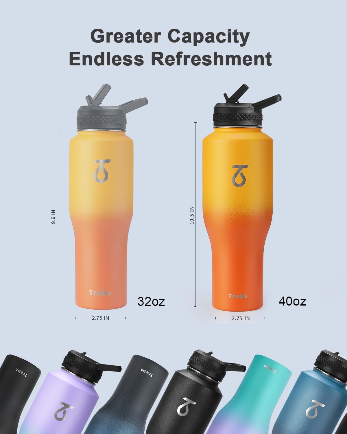 Trebo 40 oz Water Bottle Insulated Fit Car Cup Holder with Handle, Stainless Steel Water Bottles Tumbler with Spout Straw Lids, Double Wall Travel Reusable Flask, Leakproof Mug,Keep Cold &Hot,Black