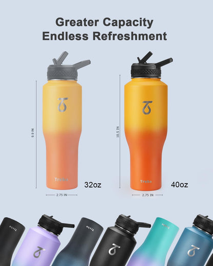 Trebo 40 oz Water Bottle Insulated Fit Car Cup Holder with Handle, Stainless Steel Water Bottles Tumbler with Spout Straw Lids, Double Wall Travel Reusable Flask, Leakproof Mug,Keep Cold &Hot,Black