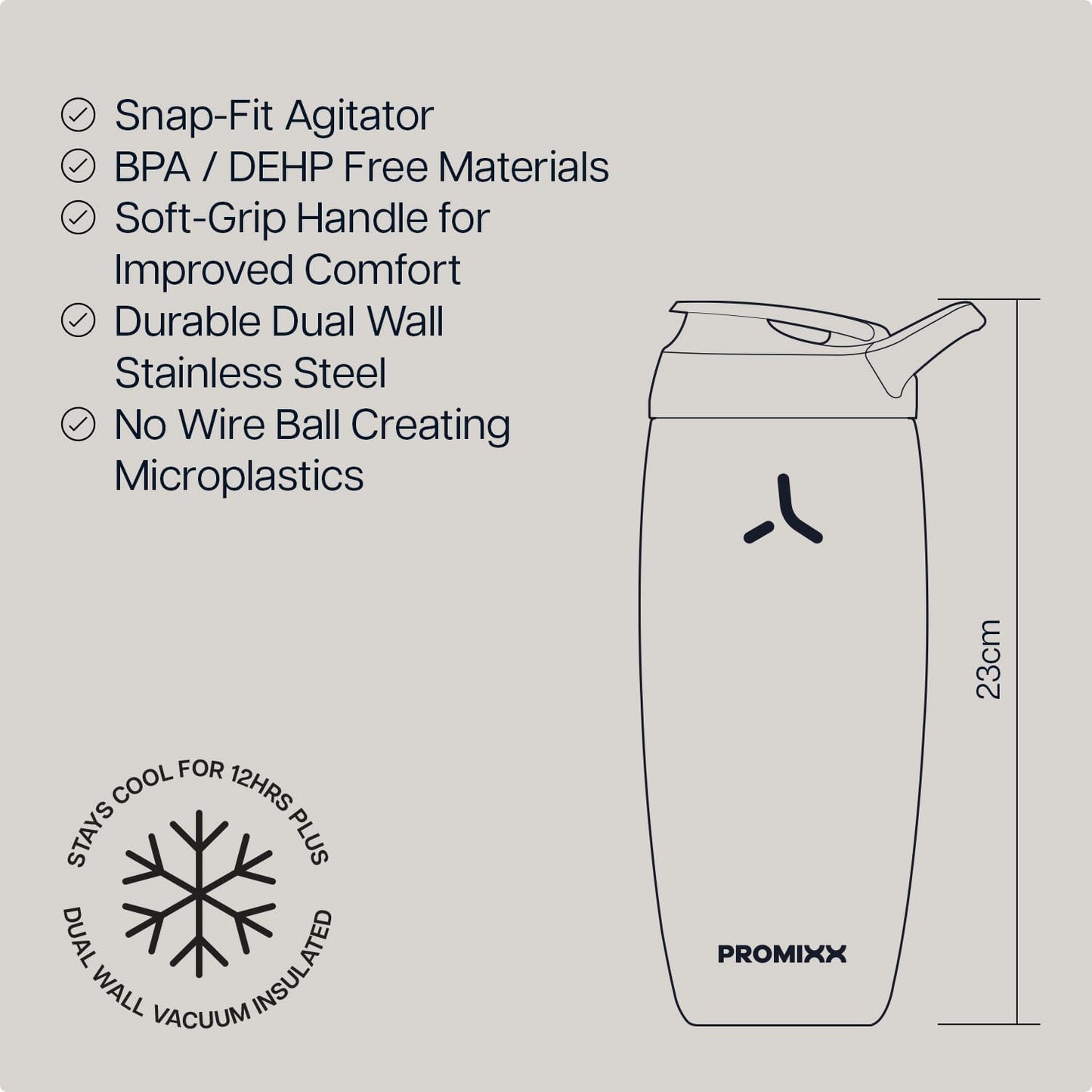 Promixx Pursuit Insulated Shaker Bottle – 18oz Double-Wall Stainless Steel Protein Mixer with Snap-Fit Agitator for Smooth Ice-Cold Shakes – Leak-Proof Gym Shaker Cup for Fitness – Midnight Blue
