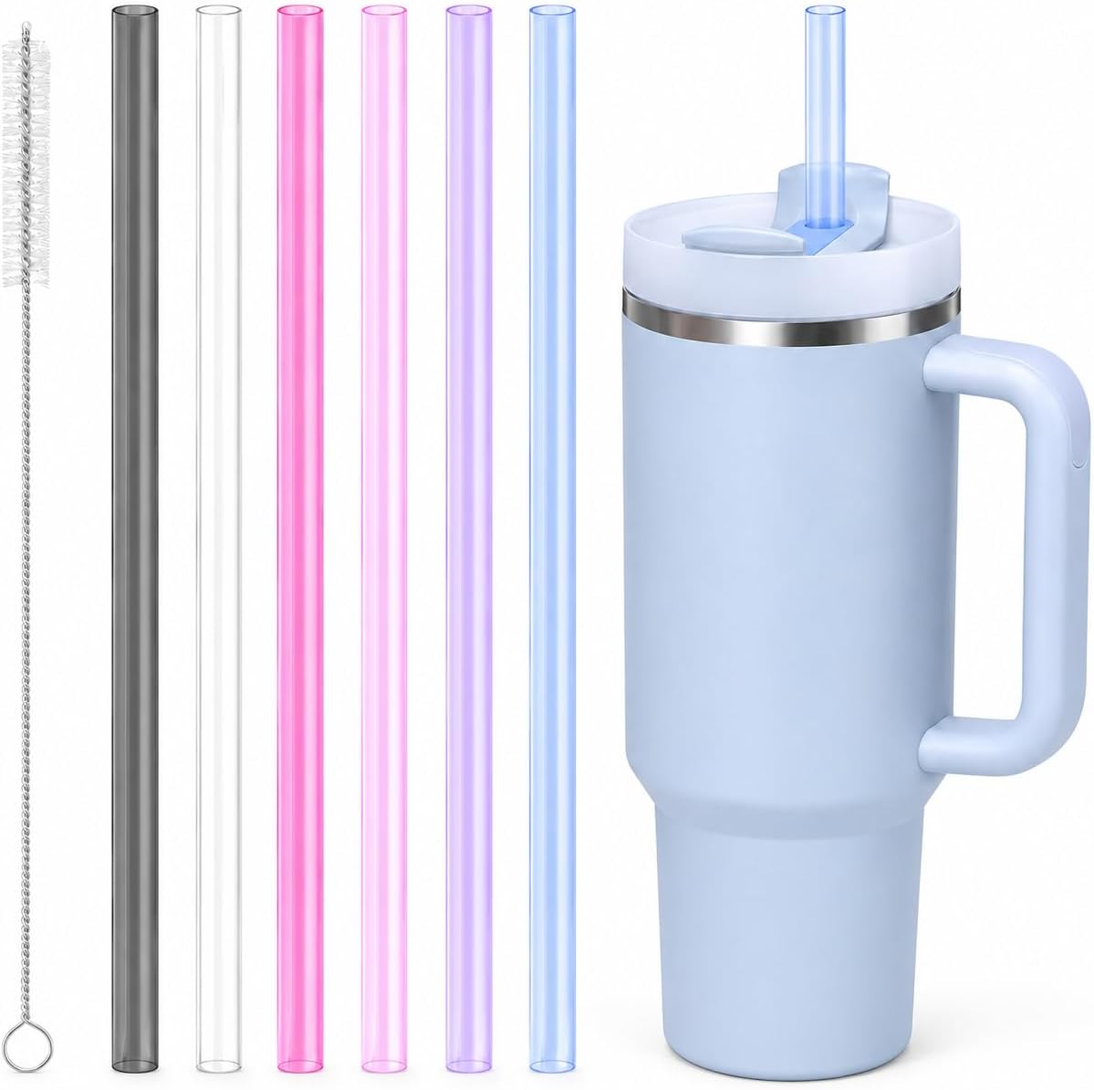 Joshey 12 Inch Tritan Replacement Straws for Stanley 40oz Tumbler - 6 Pack Reusable Long Straws with Cleaning Brush, Fits 30oz & 40oz Stanley Cup Accessories, BPA-Free (6 Colors)