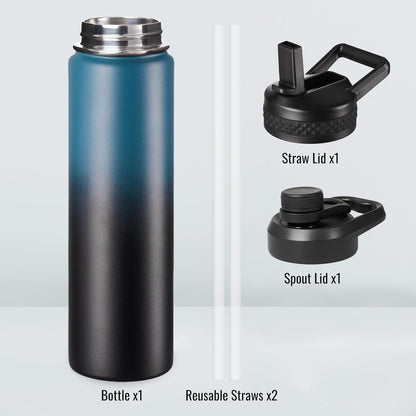 Fijinhom 24 oz Insulated Water Bottle with Handle, 304 Stainless Steel Water Bottles with Wide Mouth, Double Wall Vacuum Sports Water Bottle, BPA Free, Keep Cold and Hot, Black | with Handle