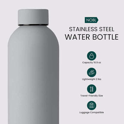 NOBL Stainless Steel Water Bottle,17 oz, 500 ml, Double Wall Vacuum Insulation, Sealed Bottle Keeps Drinks Cold 24 Hrs & Hot 12 Hrs, Leak Proof, Fits Noble Carry-On Cup Holder - Sand
