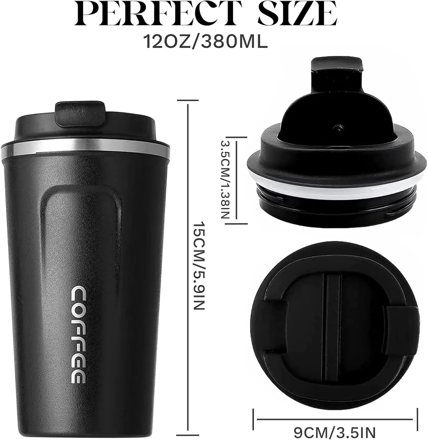 YINBAOGE Insulated Travel Coffee Mug, Spill & Leak Proof, Portable To Go Camping Stainless Steel Coffee Tumbler, Reusable Thermal Coffee Cup with Lid for Hot & Cold Drinks (Black, 12 OZ)
