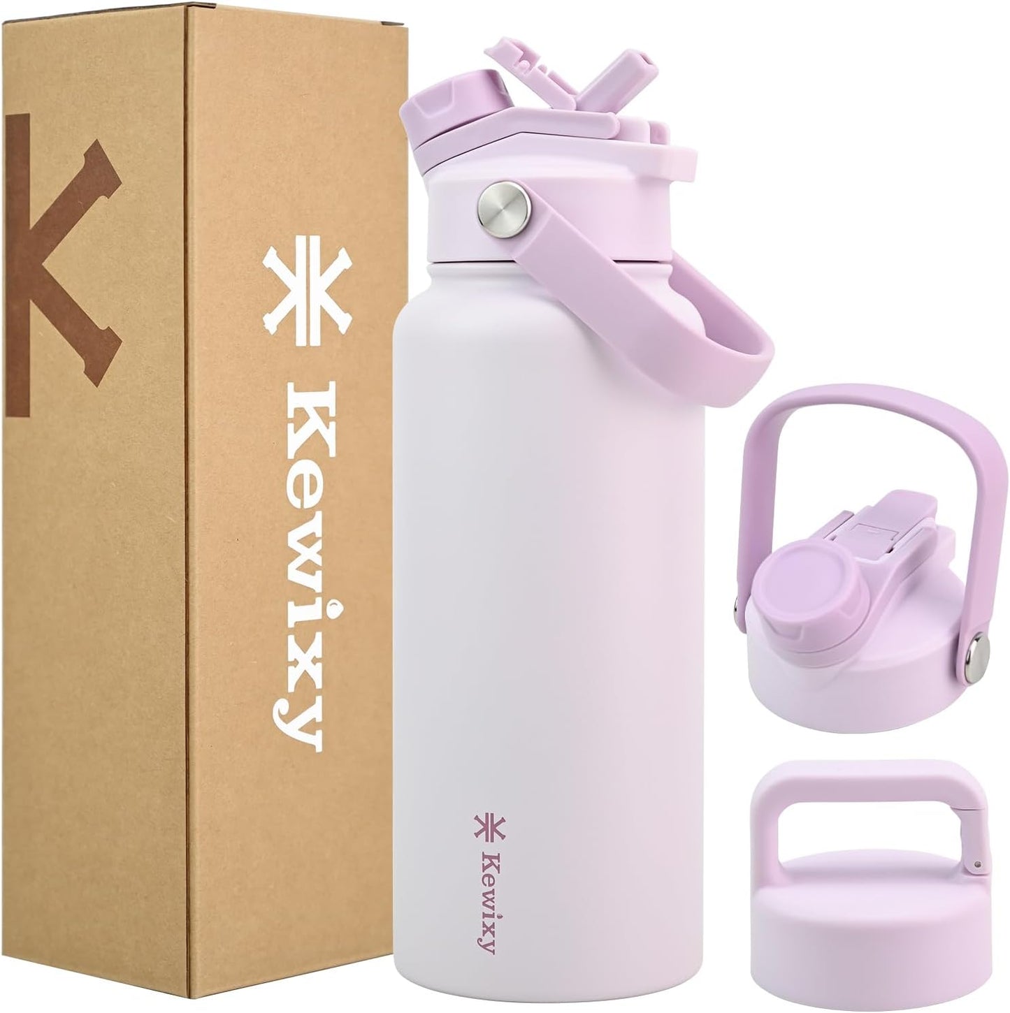 KEWIXY 32 oz Insulated Water Bottle, 2-in-1 Lid, Straw & Spout with Protected, Leak Proof, Keep Cold, Stainless Steel, Metal, Reusable, Handle, for Outdoor, Gym and School, 2 Lids, Blush Pink