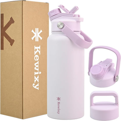 KEWIXY 32 oz Insulated Water Bottle, 2-in-1 Lid, Straw & Spout with Protected, Leak Proof, Keep Cold, Stainless Steel, Metal, Reusable, Handle, for Outdoor, Gym and School, 2 Lids, Blush Pink