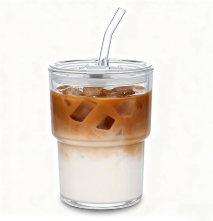 13oz Glass Tumbler with Straw and Lid Sealed, Carry On Reusable Iced Coffee Cups,Thick Wall Glass Coffee Drinking Glassware Cups