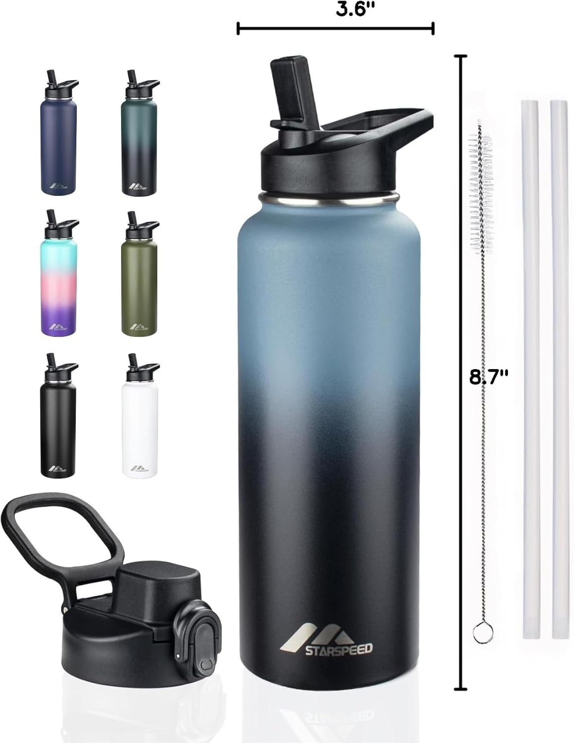 StarSpeed 32oz Insulated Water Bottle with Straw Lid, Stainless Steel Double Walled Vacuum Water Flask, Wide Mouth Sports Water Bottle for Gym Camping Hiking, Indigo Black