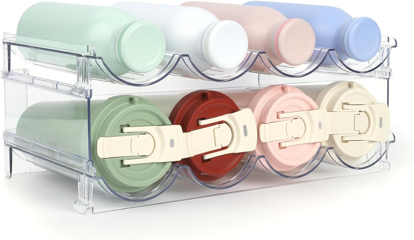 Stackable Water Bottle Organizer, 4-Tier Clear Large Compartment Holder with Stable One-Piece Side-Panel Design, Prevents Tipping & Rolling for Cabinet & Kitchen Storage, Holds 16 Bottles